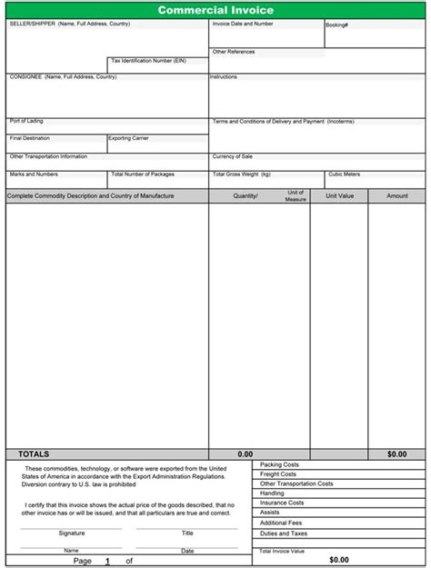 Free Fillable Commercial Invoice Template