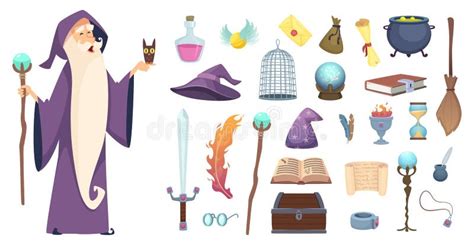 Magician Tools Wizard Magic Mystery Broom Potion Witch Hat And Spell Book Vector Cartoon