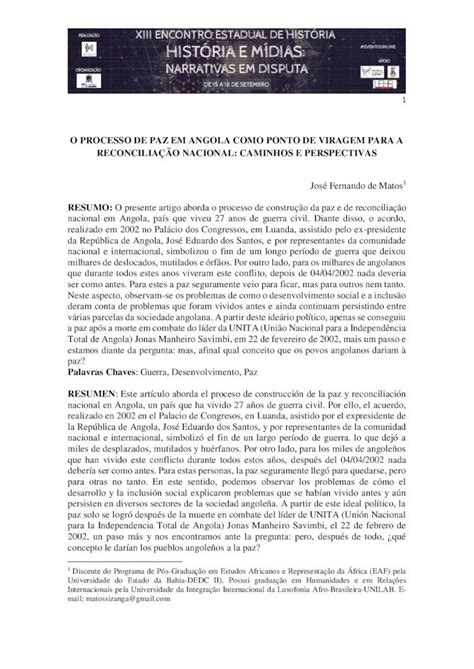 Pdf O Processo De Paz Em Angola Como Ponto De Viragem