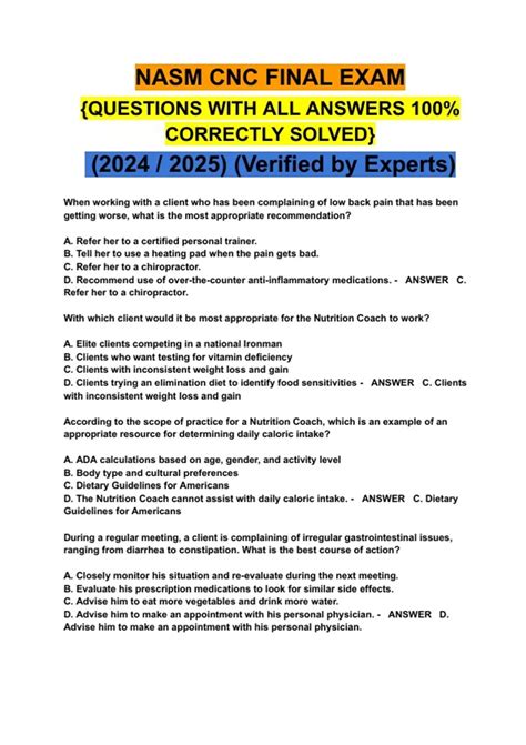 Nasm Cnc Final Exam Questions With All Answers 100 Correctly Solved