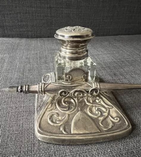 Ancien Superbe Inkwell Encrier Et Plumier En Argent Massif Orf Vre Ari