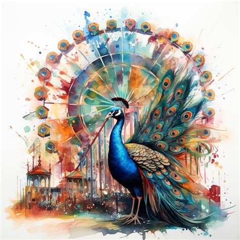 Premium Photo Painting Of A Peacock With A Colorful Tail And A Ferris