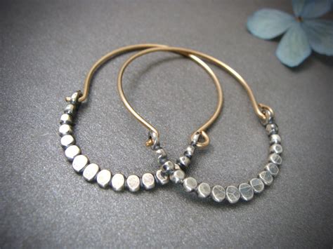 Beaded Sterling Silver And Gold Filled Hoops Mixed Metal Hoop Earrings Unique Jewelry Siren