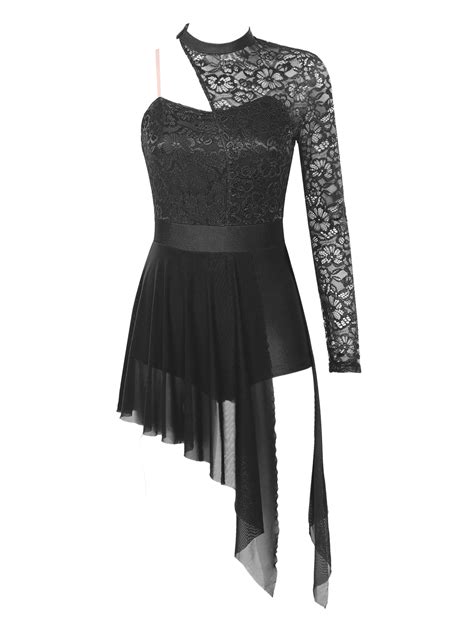 Yizyif Womens One Shoulder Lyrical Dance Leotard Sheer Mesh Floral Lace