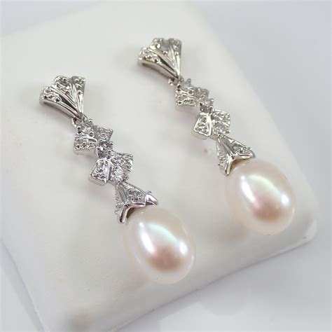 Pearl And Diamond Dangle Drop Earrings K White Gold June Birthstone