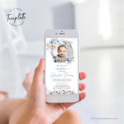 Editable Baptism Invitation Template Blue Boho Christening Etsy