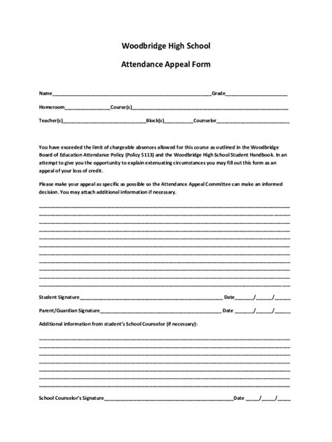 Fillable Online Woodbridge High School Attendance Appeal Form Fax Email