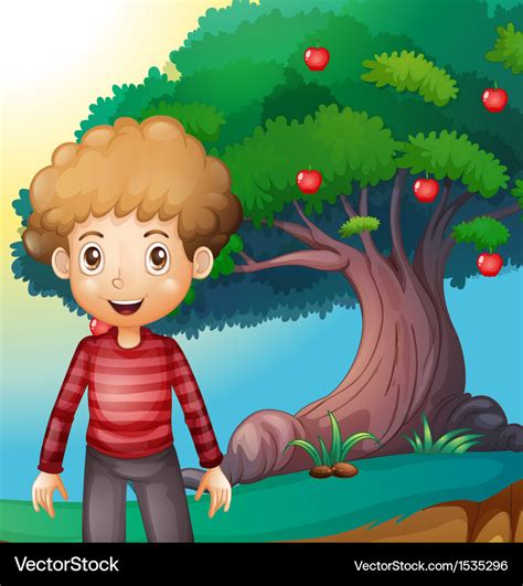 A Boy Standing In Front Of The Apple Tree Vector Image