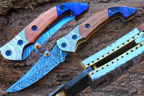 3 1 Damascus Blade Cuchillo Plegable Hecho A Medida W Clip Madera De