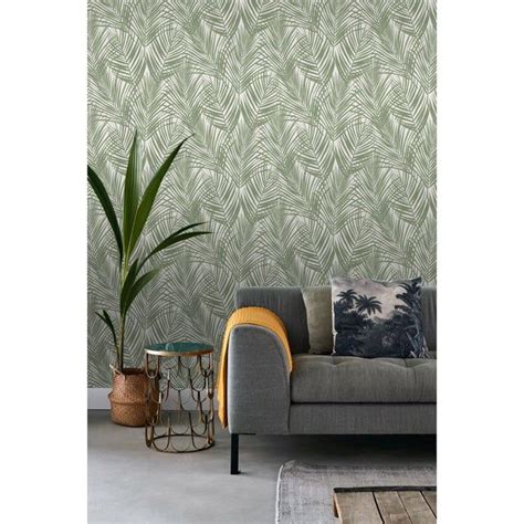 Papier Peint Intiss Jungle Fever Feuilles Palmier Vert Olive Gris