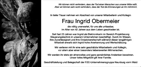 Traueranzeigen Von Frau Ingrid Obermeier Mittelbayerische Trauer