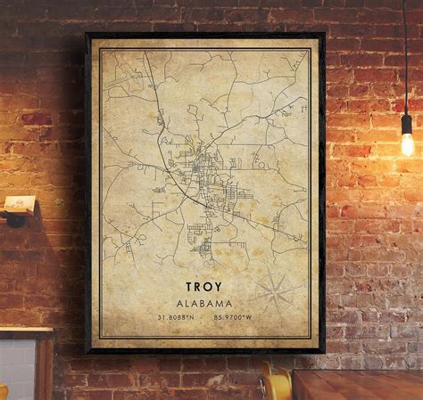 Troy Map Print Troy Map Alabama Map Art Troy City Road Etsy