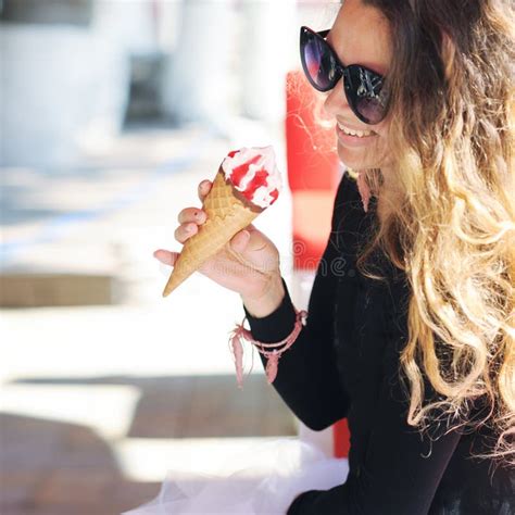 Cute Smiling Woman Eating Ice-cream Cone Stock Image - Image of face, person: 121318849