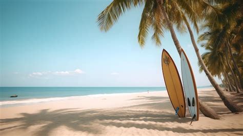 Una Playa Con Tablas De Surf Y Una Palmera Foto Premium