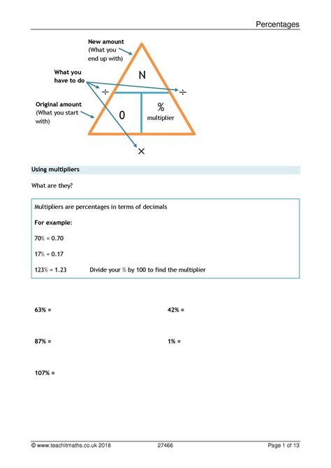 Percentages Revision Worksheet GCSE Maths Teachit