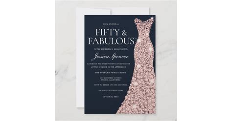 Navy And Rose Gold Sparkle Dress 50th Birthday Invitation Zazzle