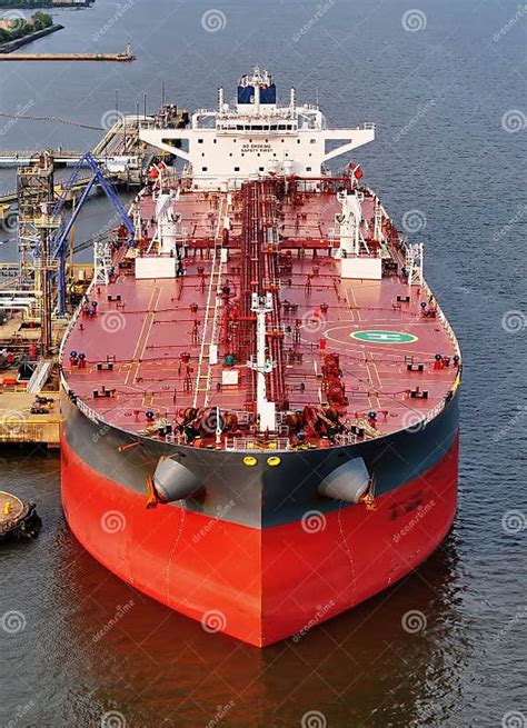 Aerial Close Up View Of Oil Tanker Ship In Port At Refinery Stock Photo