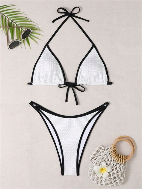 Shein Swim Sprty Contrast Binding Halter Triangle Bikini Swimsuit