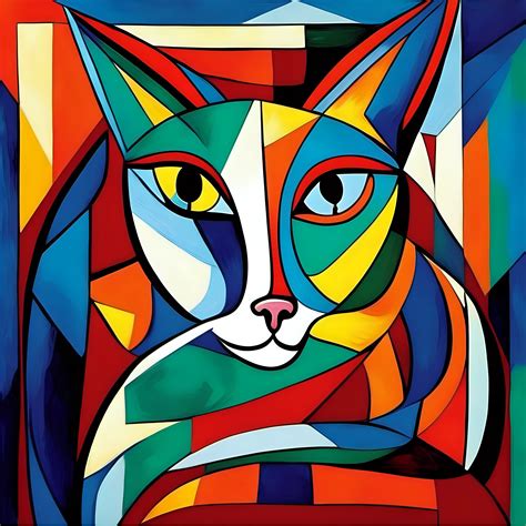 Modernist Cubist Cat Illustration By Pablo Picasso In Bright Colors