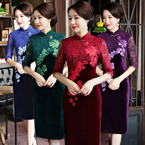 Nuevo chino tradicional elástico velour cheongsam qipao encaje media