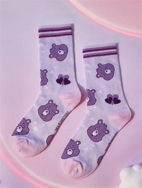 Shein X Care Bears Pairs Women Striped Heart Design Mid Calf Socks