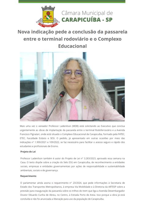 Portal Oficial da Câmara Municipal de Carapicuíba Nova indicação pede