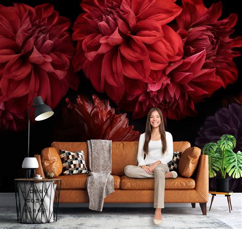 Dark Floral Wallpaper Peel and Stick Big Red Flower Wall - Etsy