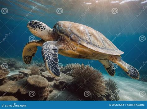 A Magnificent Giant Golden Sea Turtle Spreads Its Paws And Swims In The