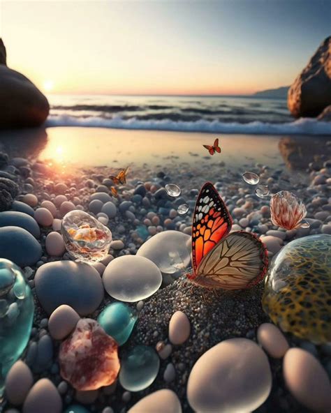 Tranquil Sunset over Ocean and Beach with Butterfly and Seashell.Sunset on a tranquil beach with ...