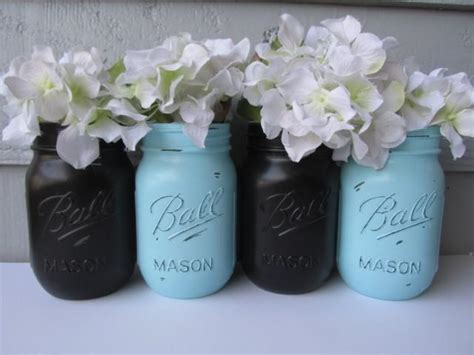 Painted And Distressed Ball Mason Jars Black And Turquoise Set Of