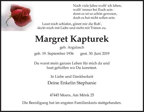 Traueranzeigen Von Margret Kapturek Trauer In Nrw De