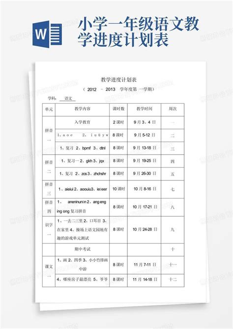 小学一年级语文教学进度计划表 Word模板下载编号lbpjknom熊猫办公