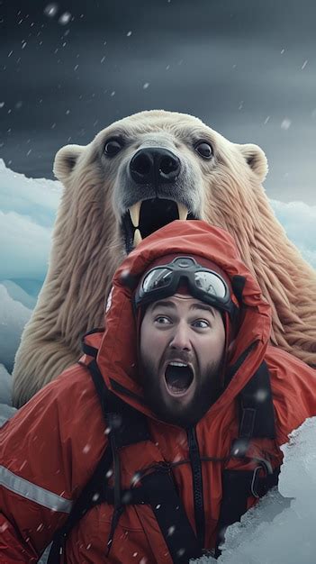 Premium Ai Image A Polar Bear With A Man Wearing A Red Jacket And A