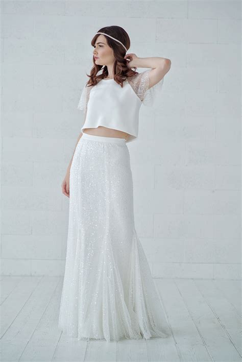 Francine - bridal crop top with wide beaded sheer sleeves