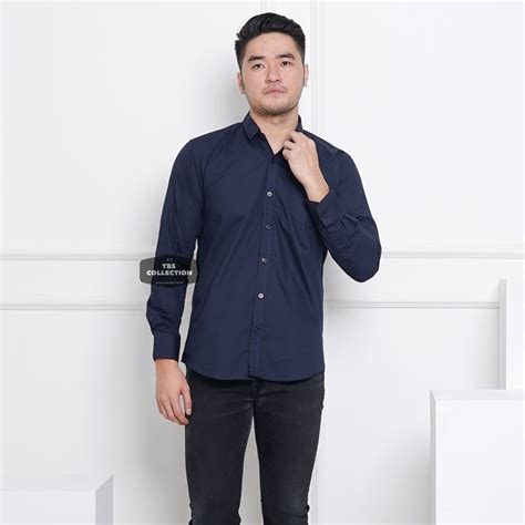 Jual Kemeja Pria Lengan Panjang Polos Biru Navy Dark Blue Navy Polos