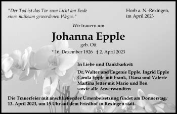 Traueranzeigen Von Johanna Epple Schwarzw Lder Bote Trauer