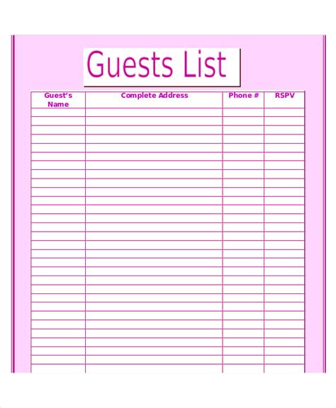 Wedding Guest List Template Printable - Printable Templates