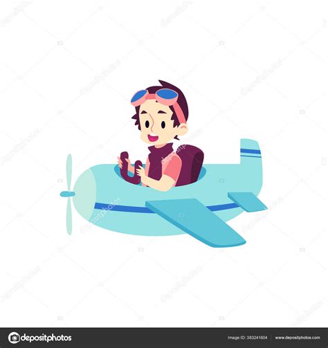 Niño Piloto Volando Un Avión Azul Niño De Dibujos Animados Feliz