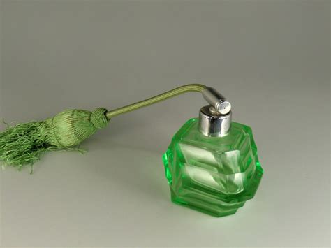 Bohemian Czech Art Deco Hand Cut Glass Green Perfume Bottle Etsy