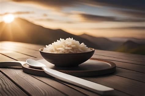 Premium AI Image | rice and chopsticks on a wooden table with a spoon ...