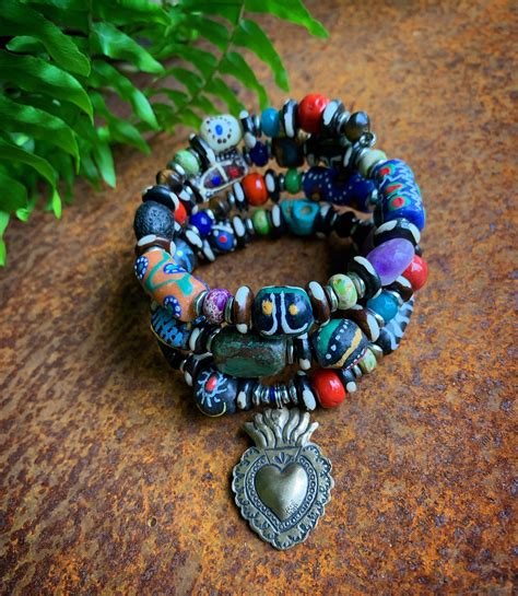 K665 Triple Wrap African Trade Bead Bracelet With Sacred Heart By Kelly