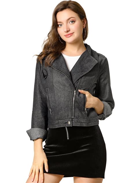 Unique Bargains Womens Asymmetric Zip Notched Lapel Denim Short Jacket