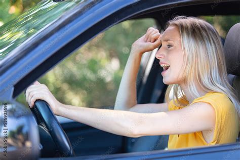 Side View Window Portrait Displeased Stressed Angry Woman Driving Car