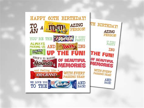 60th Birthday Candy Poster Printable Party Decor Candy Gram Etsy