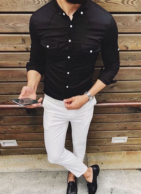 Mens Black Button Down Shirt With White Pants And Black Shoes