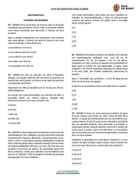 Exercícios Para O Enem - Exercícios de Matemática para o ENEM | PDF | Sal | Natureza