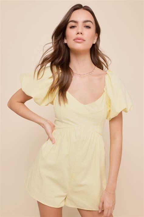 Cute Yellow Romper Puff Sleeve Romper Tie Back Romper Lulus