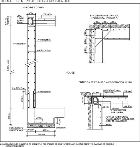 Planos de Muro de sotano en DWG AUTOCAD Hormigón armado Detalles