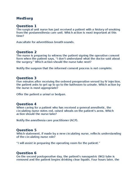 Medical Surgical Nursing Practice Quiz 1 MedSurg Question 1 The