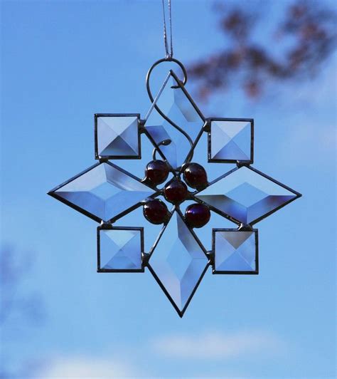 Beveled Stained Glass Snowflake With Deep Red Jewels Etsy Stained Glass Christmas Stained